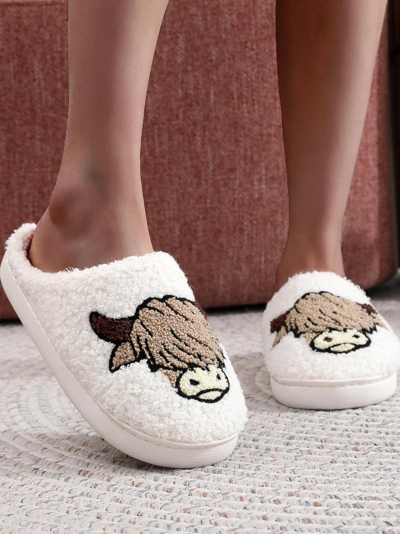 Women's Cute Cartoon Cow Pattern Embroidered Plush Slippers, Casual Soft Comfortable Home Slippers, Warm Slippers for Indoor & Outdoor Use for All Seasons Women's Cute Cartoon Cow Pattern Embroidered Plush Slippers, Casual Soft Comfortable Home Slippers, Warm Slippers for Indoor & Outdoor Use for All Seasons