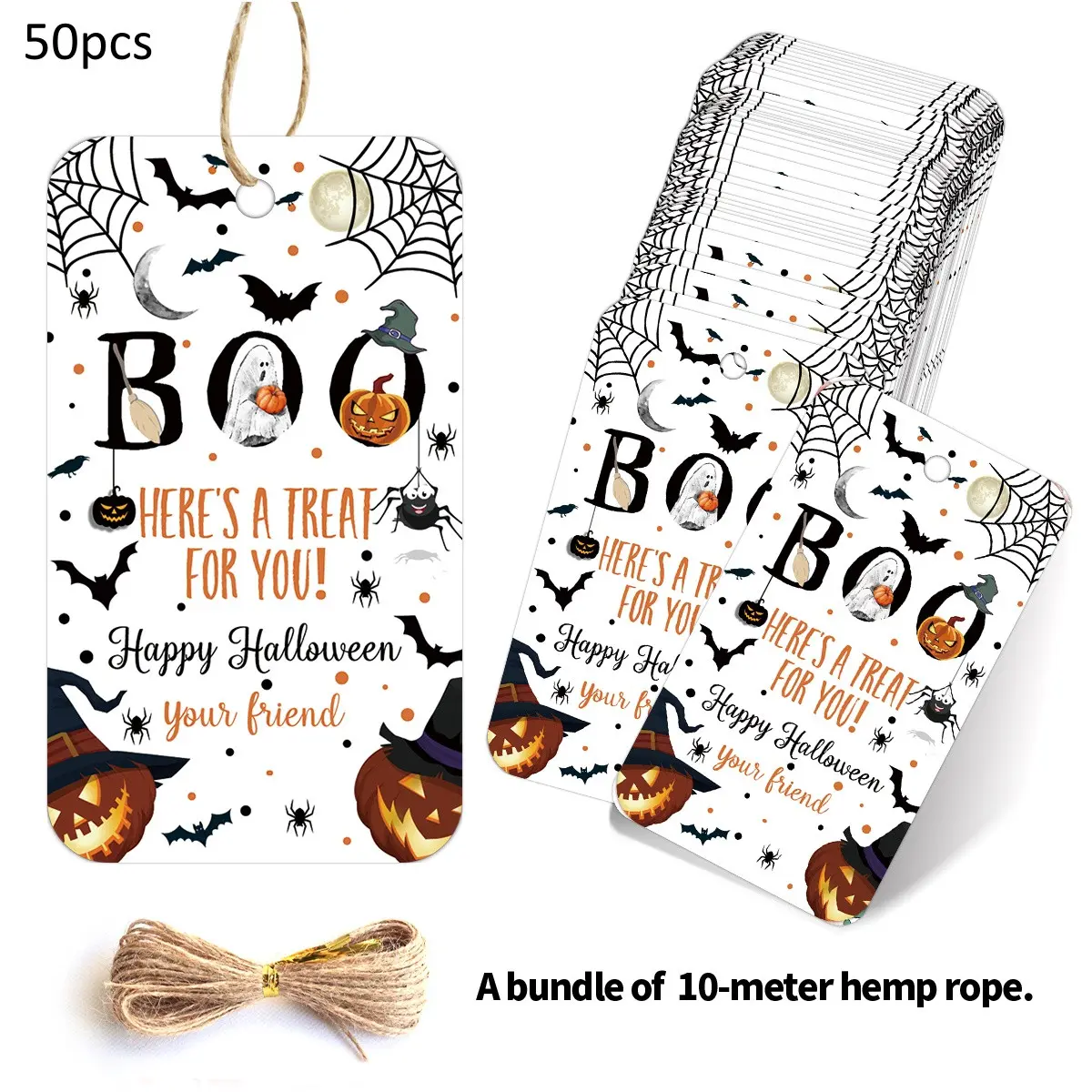 50pcs Happy Halloween Gift Tags with Hemp Rope - Spooky Pumpkin, Bat & Witch Hat Design Halloween Theme Hanging Labels for Gift Wrapping, Candy Bag & Party Favor, Halloween Gift Decoration