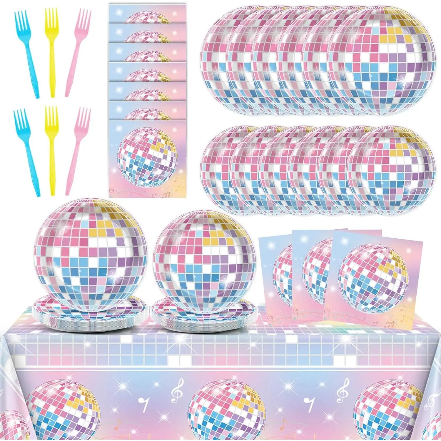 98 Pcs Pastel Disco Ball Birthday Decorations Disposable Paper Tablecloth Set for Disco Theme Decor Tablecover Tableware Set for 24 Guests Wedding Bachelorette