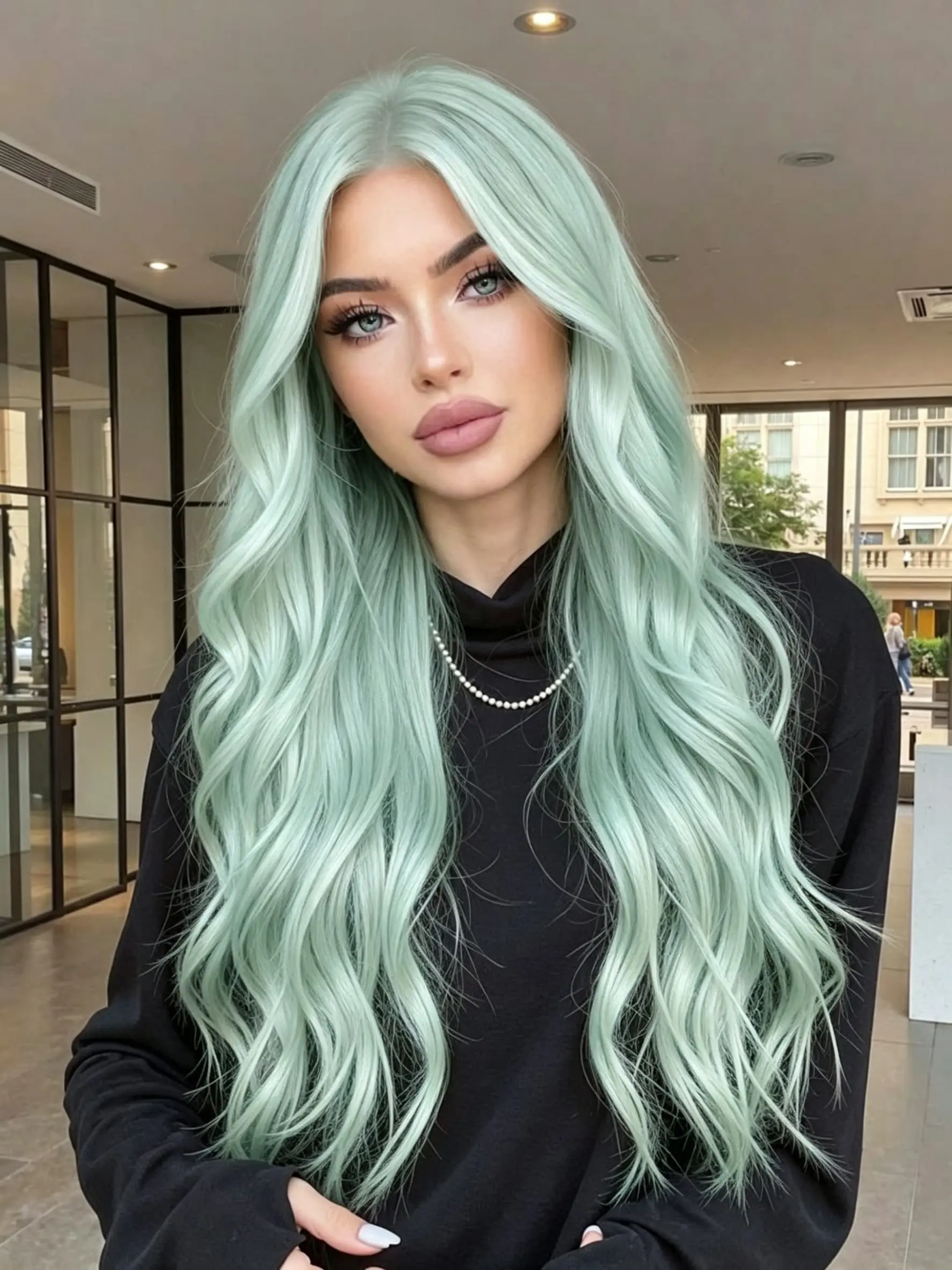 Mint Green Body Wave Synthetic Lace Front Wig 13x4 HD Lace Front Wig Pre Plucked Baby Hair Mint Blue Long Wavy Lace Frontal Wig Glueless Wig Body Wave Synthetic Heat Resistant Fiber for Daily Party Halloween Wearfor Women Hd Glueless Wigs