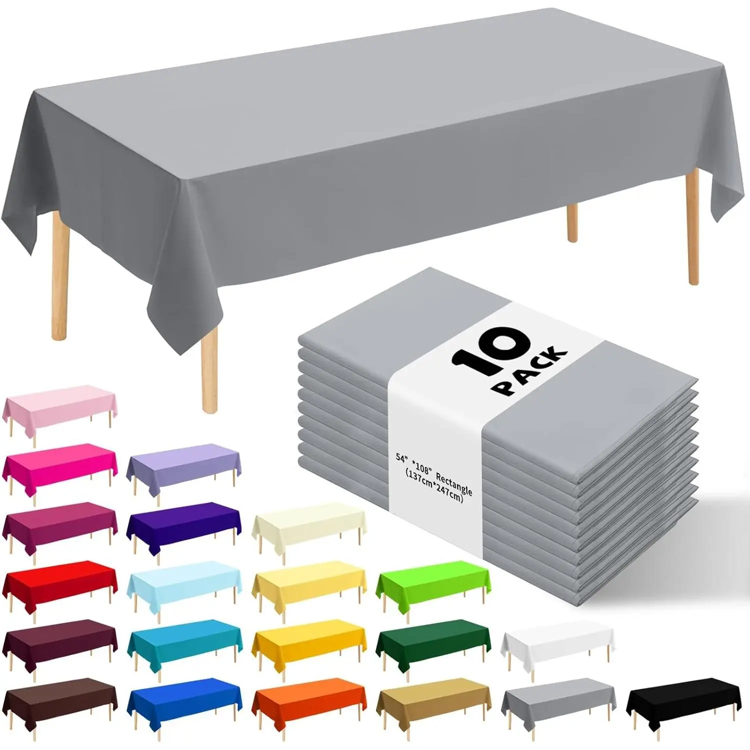 10 Pack Premium Disposable Plastic Tablecloth 54" X 108" Rectangle Table Cover for Birthdays Weddings Christmas Anniversary Buffet Table (Silver Grey)