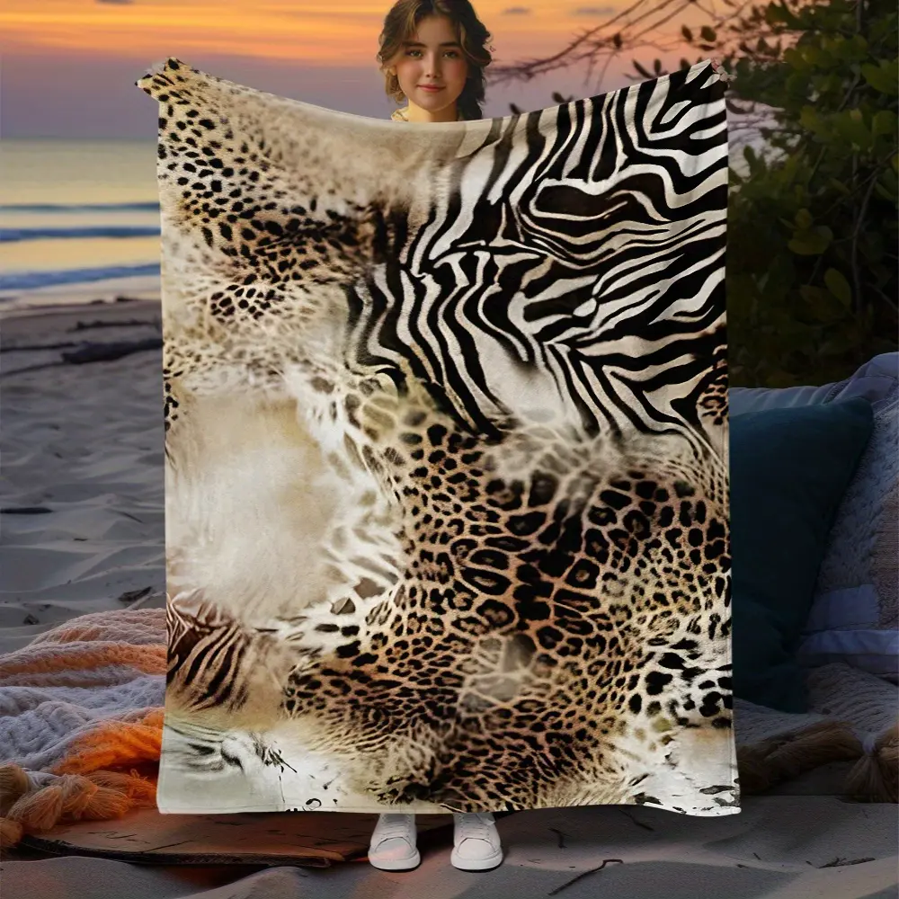 1pc Anti-Pilling Flannel Leopard Zebra Pattern Outdoor Blanket - Lightweight Soft Digital Printing Throw for Camping, Picnicking, Travel - Fleece Blanket for Office, Couch Use