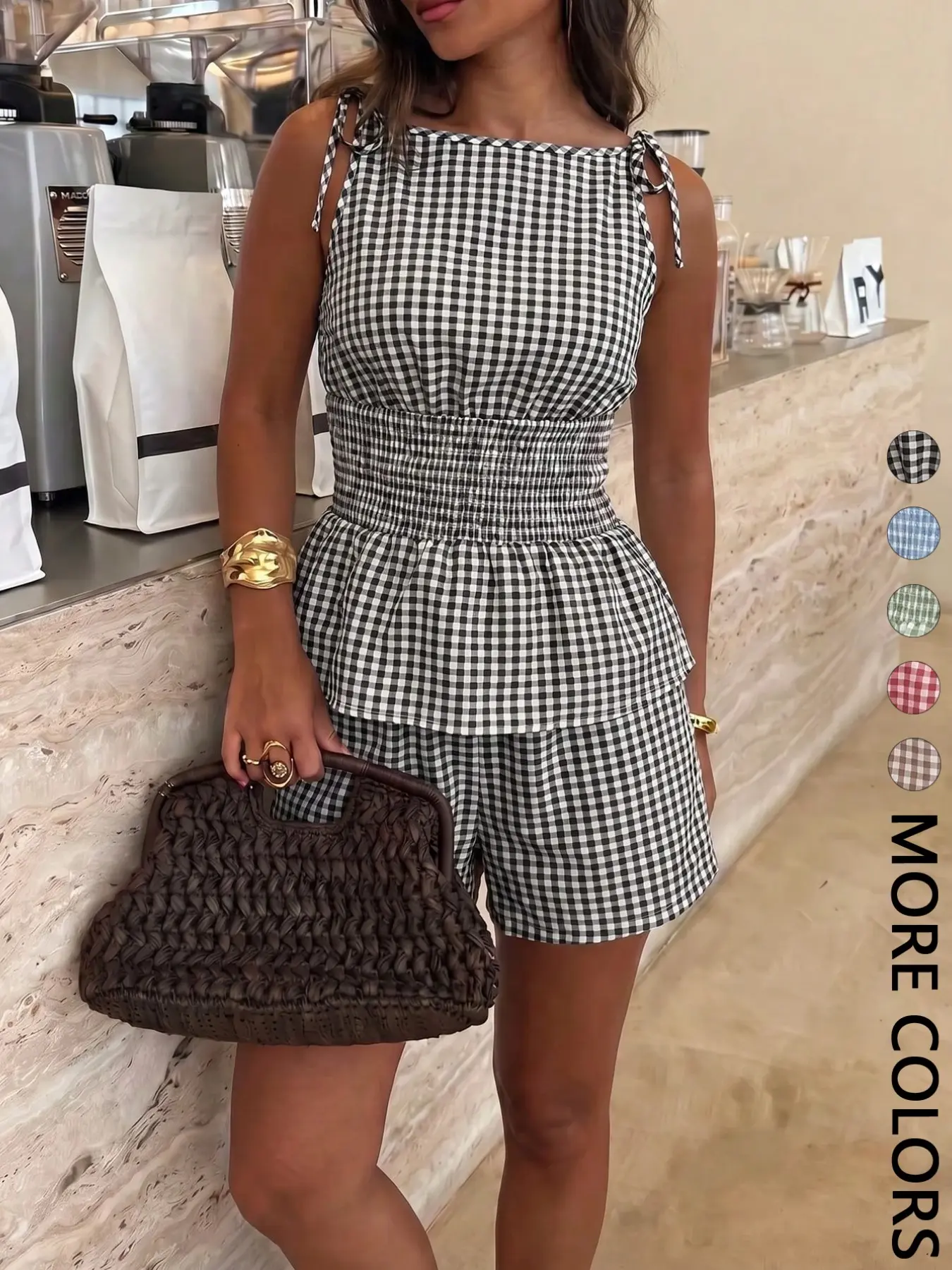 Women's Gingham Check Textured Woven Tank Top & Shorts Set, Adjustable Tie Shoulder Straps, Smocked Waist, Peplum Hem, Elastic Waistband, Breathable Lightweight Fabric, Daily Casual Vacation Home Leisure Women's Wear  2 Piece