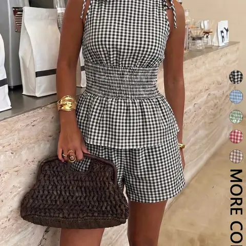 Women's Gingham Check Smocked Tank Top & Shorts Set, Adjustable Tie Shoulder Straps, Peplum Hem, Elastic Waistband, Breathable Lightweight Fabric, Shorts Matching Set, Suitable for Casual Vacation & Home Leisure, 2 Piece, Womenswear