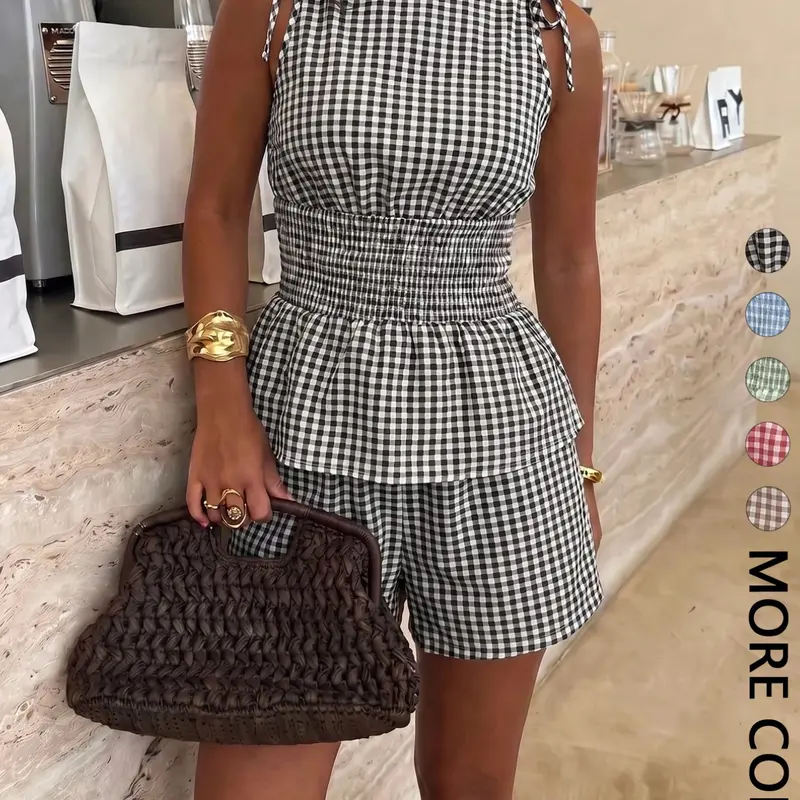 Women's Gingham Check Smocked Tank Top & Shorts Set, Adjustable Tie Shoulder Straps, Peplum Hem, Elastic Waistband, Breathable Lightweight Fabric, Shorts Matching Set, Suitable for Casual Vacation & Home Leisure, 2 Piece, Womenswear