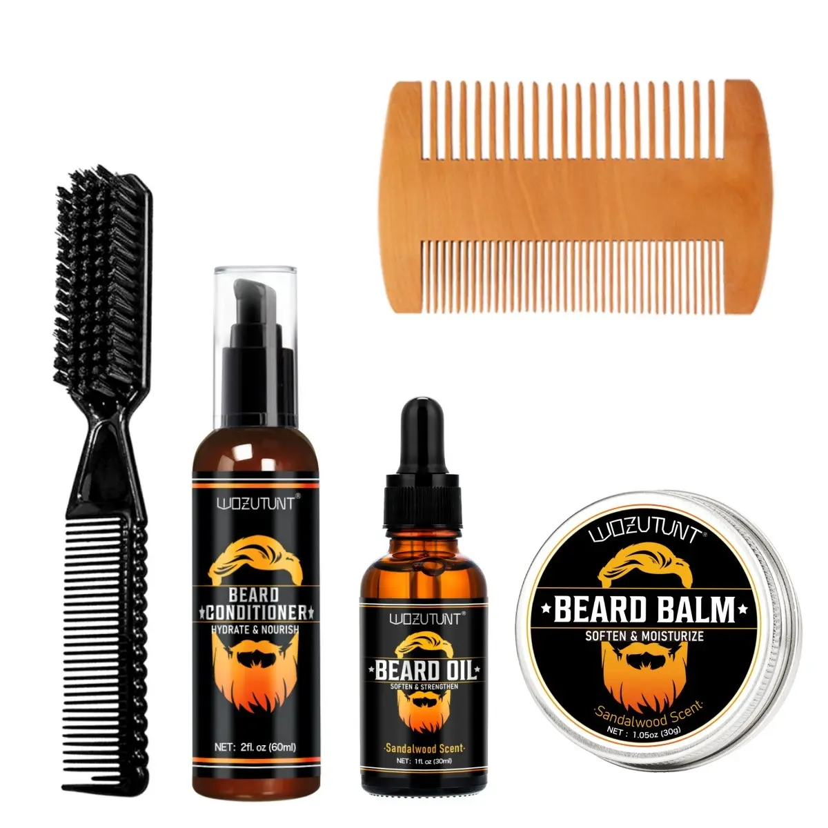 Men's Beard Care Kit, 5-In-1 Moisturizing & Softening, Includes Beard Oil, Sandalwood Beard Balm, Spray, Comb, Brush, Ideal Gift for Bearded Men