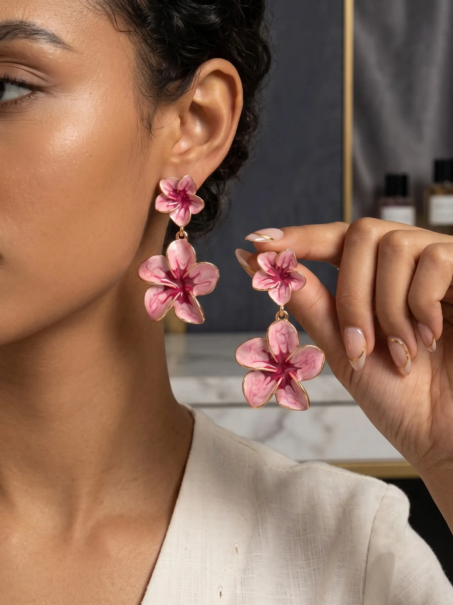 Pink Hibiscus Flower Drop Earrings for Women, Hawaiian Tropical Floral Earrings, Y2K Summer Beach Statement Jewelry, Gold Tone Vacation Accessories & Gift for Her
