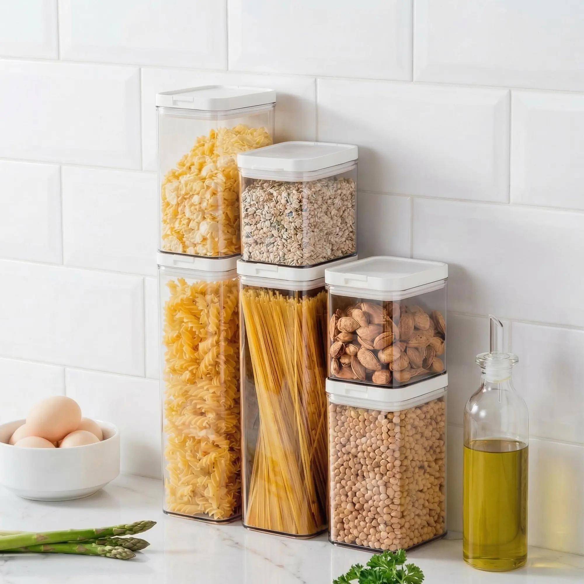 Food Storage Container Set - 6-Piece Stackable Pantry Canisters - Double-Lid Design, BPA-Free, Clear - Easy One-Hand Operation, Ideal for Cereal, Pasta, Grains