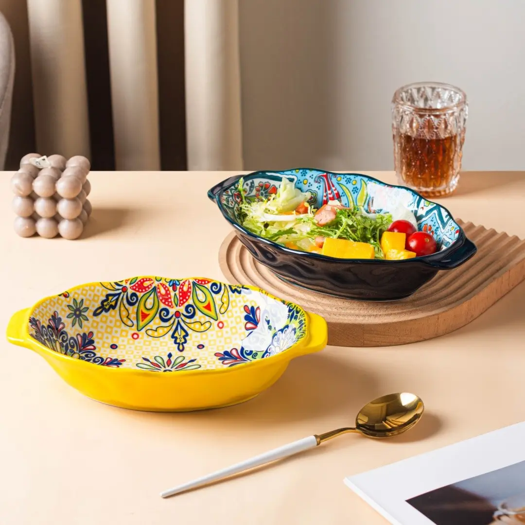 Bohemian Style Ceramic Salad Plates Set of 2, 9.3 Inch Deep Serving Dishes, Restaurant Kitchen Tableware, Unique Shape Design