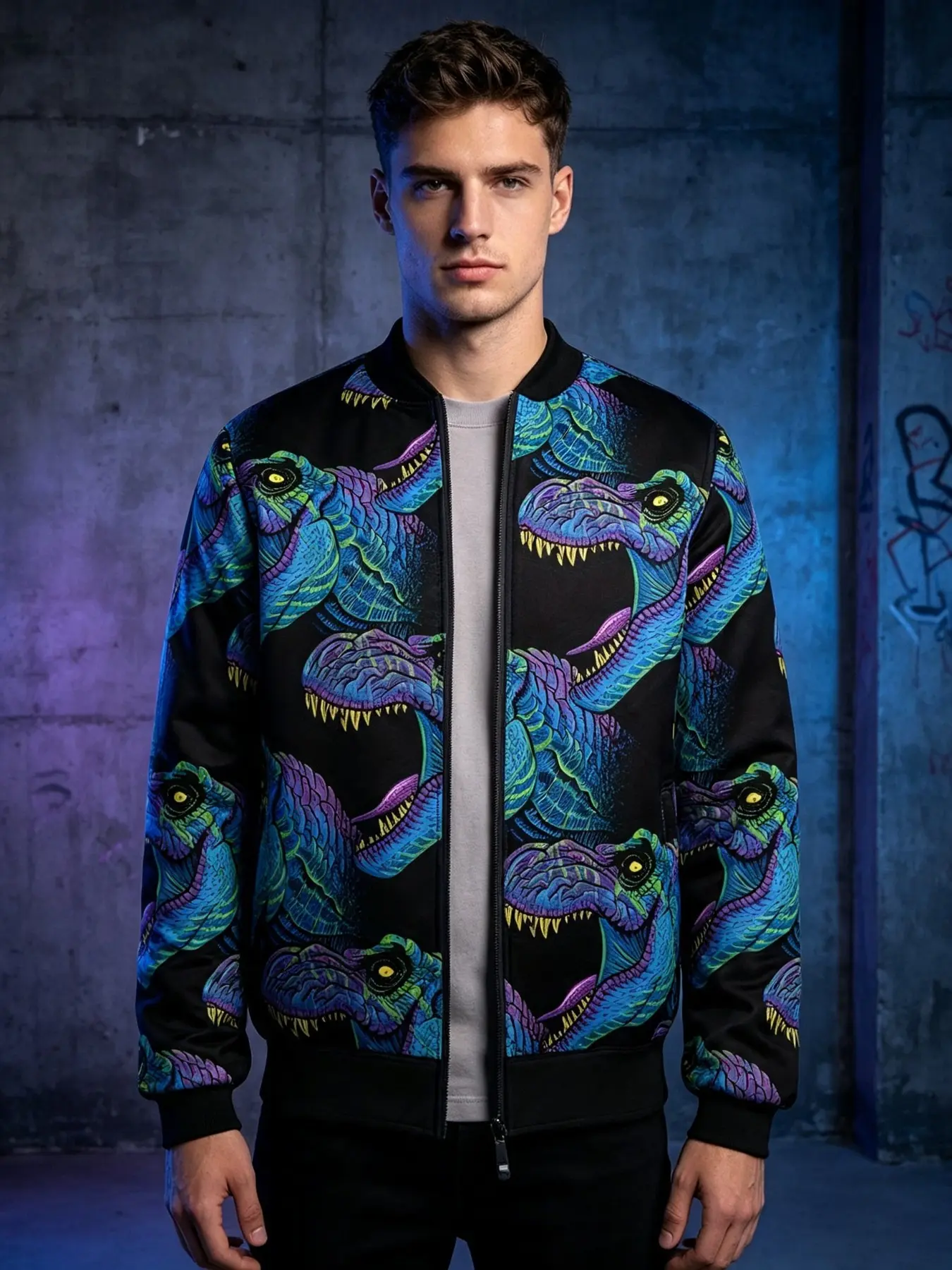 Men's Dinosaur Print Baseball Jacket, Zipper Stand Collar Long Sleeve Coat, Cool Animal Print Street Style Outerwear, Daily Party Holiday Wear