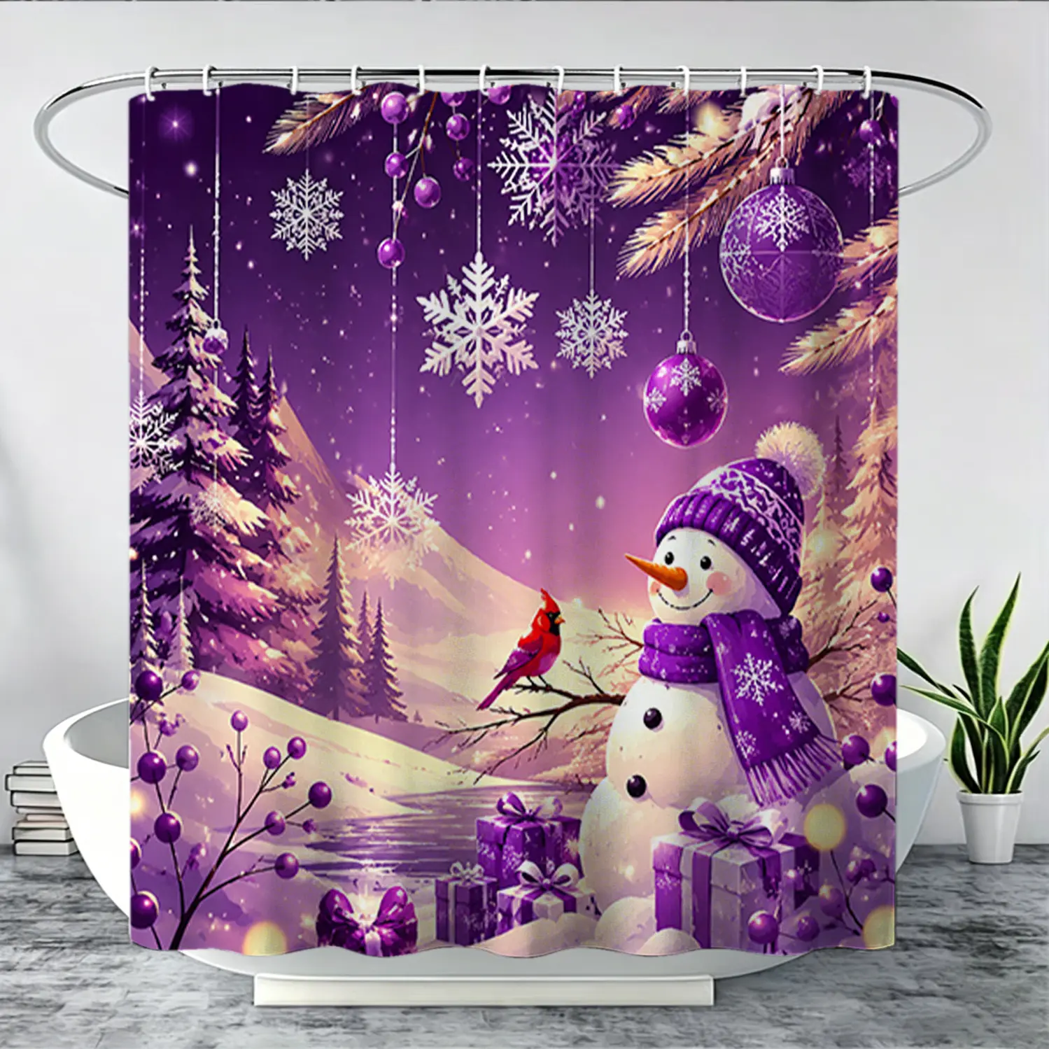 Thickened 1/4 piece Christmas purple snowman shower curtain set, including shower curtain, toilet pad, bathroom pad, and toilet lid cover, with 12 hooks, bathroom accessories