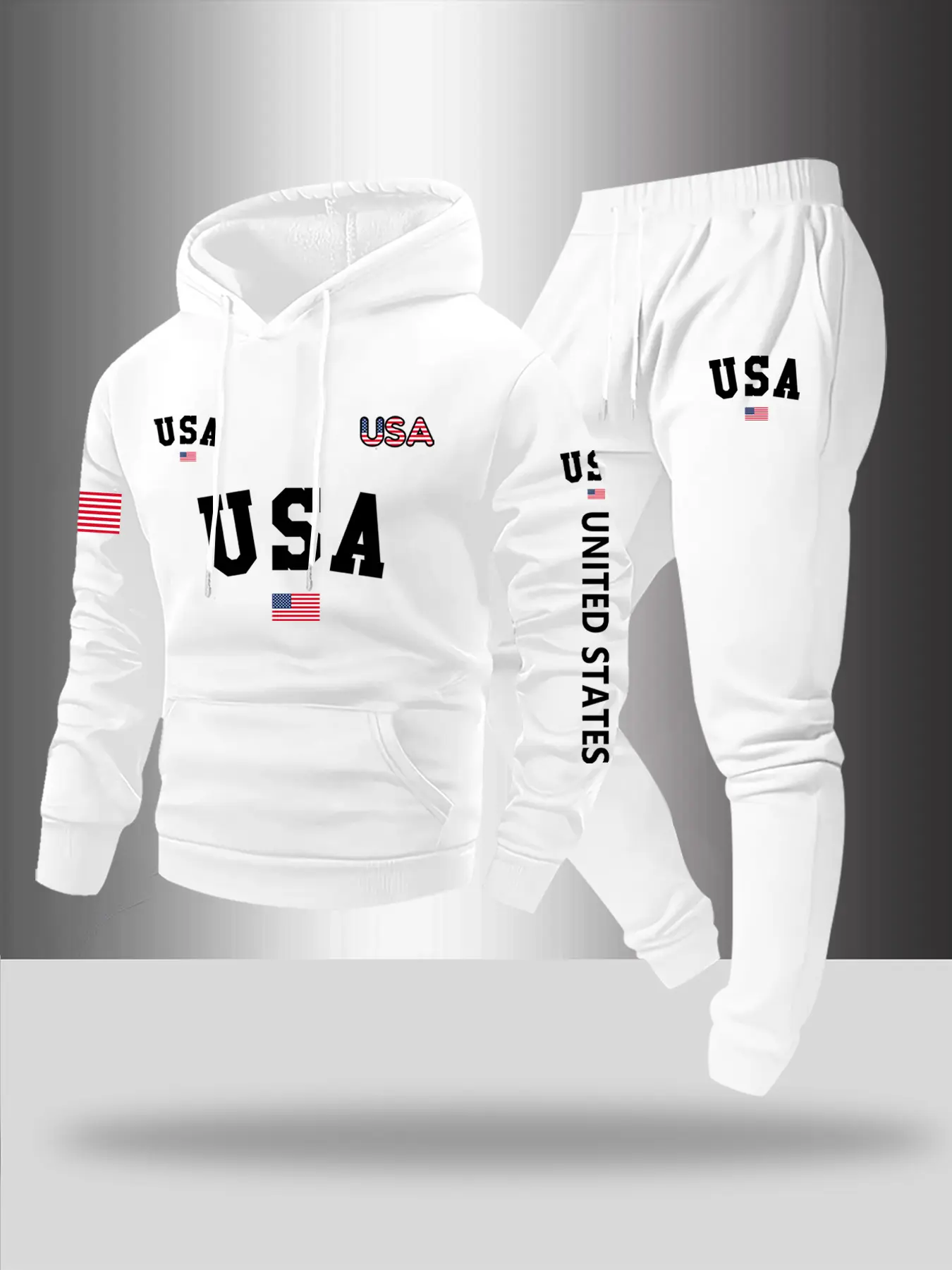Men's Letter Print Hoodie Set, Usa Flag Design, Pocket Drawstring Long Sleeves Sweatshirt & Elastic Waist Pants, Fall Winter Casual Wear, Track Pants Set, Hooded Sweatshirt Set