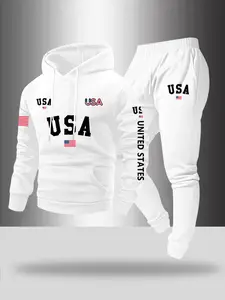 Men's Letter Print Hoodie Set, Usa Flag Design, Pocket Drawstring Long Sleeves Sweatshirt & Elastic Waist Pants, Fall Winter Casual Wear, Track Pants Set, Hooded Sweatshirt Set