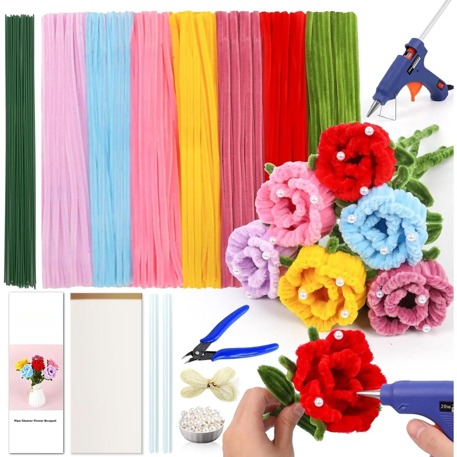 430 count Pipe Cleaners , Pipe Cleaner Rose  Kit with Instructions, Hot Melt  & Floral Wires, 7 Colors Chenille Stems to Make  for Mother's Day, Holiday Gifts &  Decors