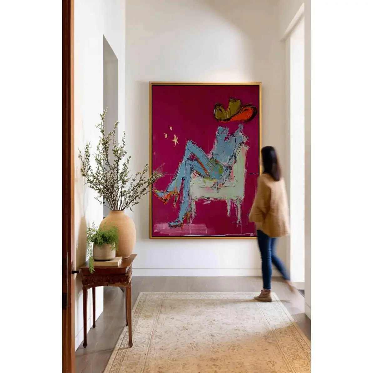 Abstract Cowboy Painting, Large Red Western Canvas Art, Expressionist Maximalist Decor