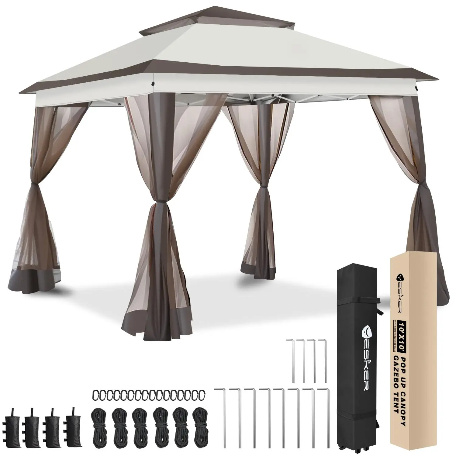 Nilight 10x10 ft Pop Up Canopy Tent, Heavy-Duty Steel Gazebo with Vented & Waterproof Oxford Top, Durable Outdoor Shelter with 4 Mesh Walls for Parties & Patios, Khaki Brown, Party, Casual, Garden