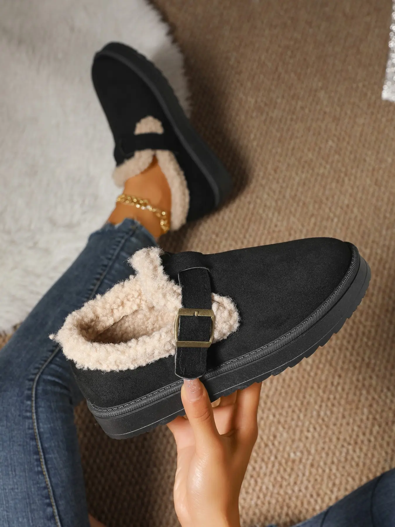 Women's Slippers Platform Mini Boots, Short Ankle Boot with Buckle, Fleece Lined Winter Warm, Thick Sole Plush Slipper Boots