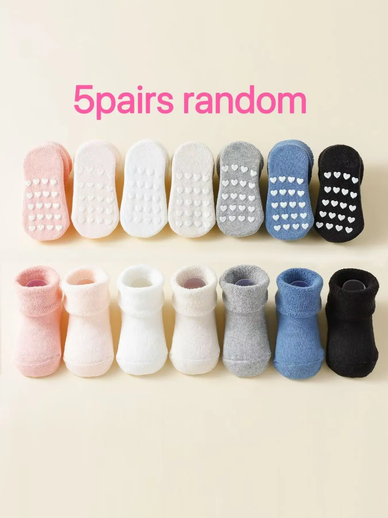 5 Pairs Random Colors Thickened Loop Baby Floor Socks, Solid Heart Anti-Slip Indoor Early Learning Step Socks, Candy Color, Infant Socks