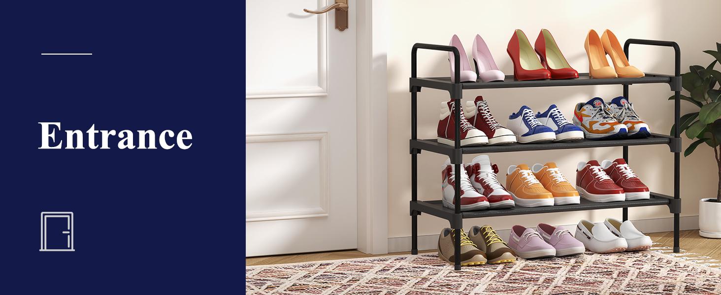 Shoe Rack for Closet, Sturdy Shoe Shelf for Entryway, Space-Saving Shoes Organizer and Storage, 27.6" x 11.8" x 22.6", Black
