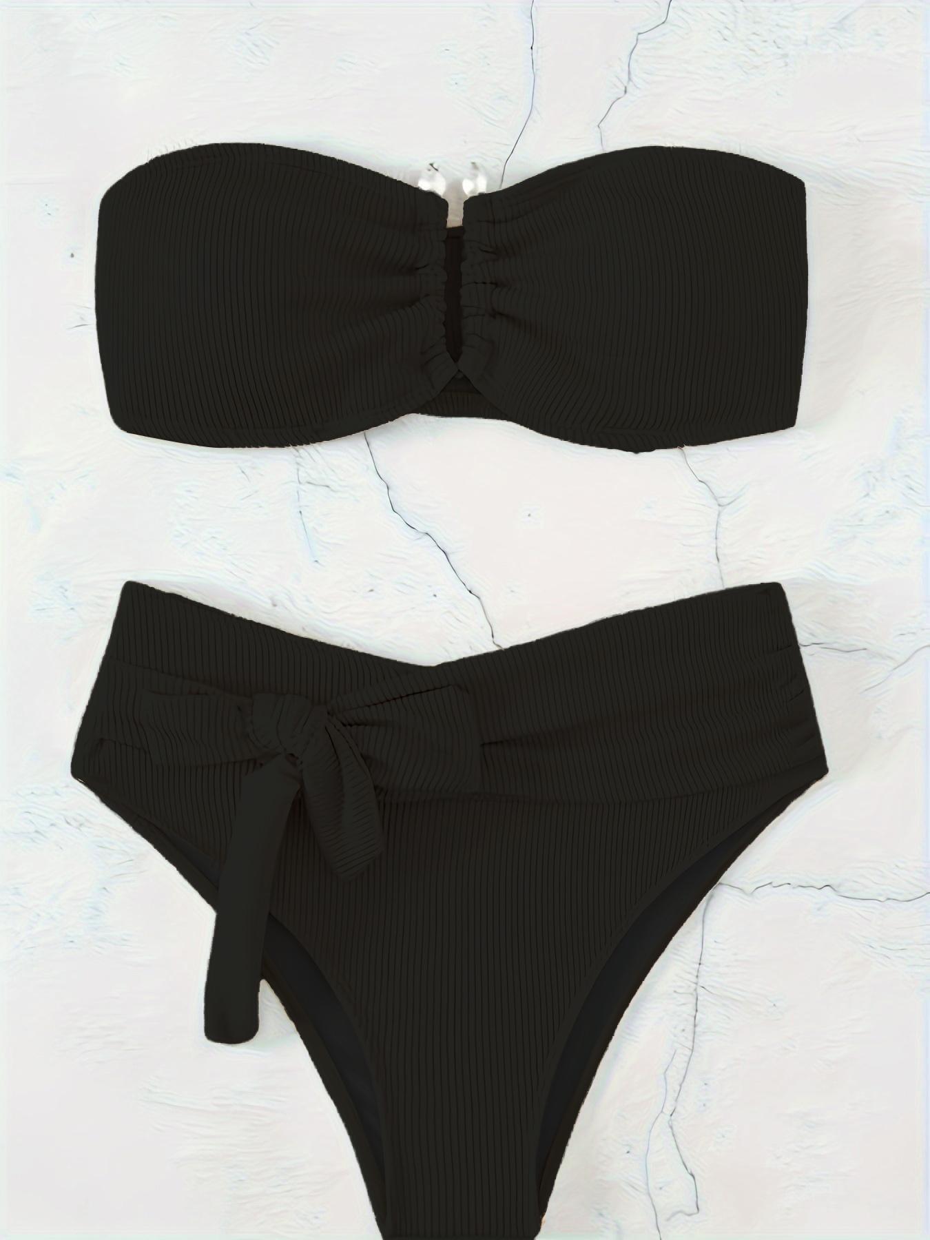 Two-Piece Set Women's Solid Ruched Bandeau Bra & Knot Front Panty Bikini Set, Bandeau Bikini Sets, Casual Sleeveless Swim Top & Swim Bottom Swimsuit Set, Ladies Summer Swimwear for Beach Holiday Vacation