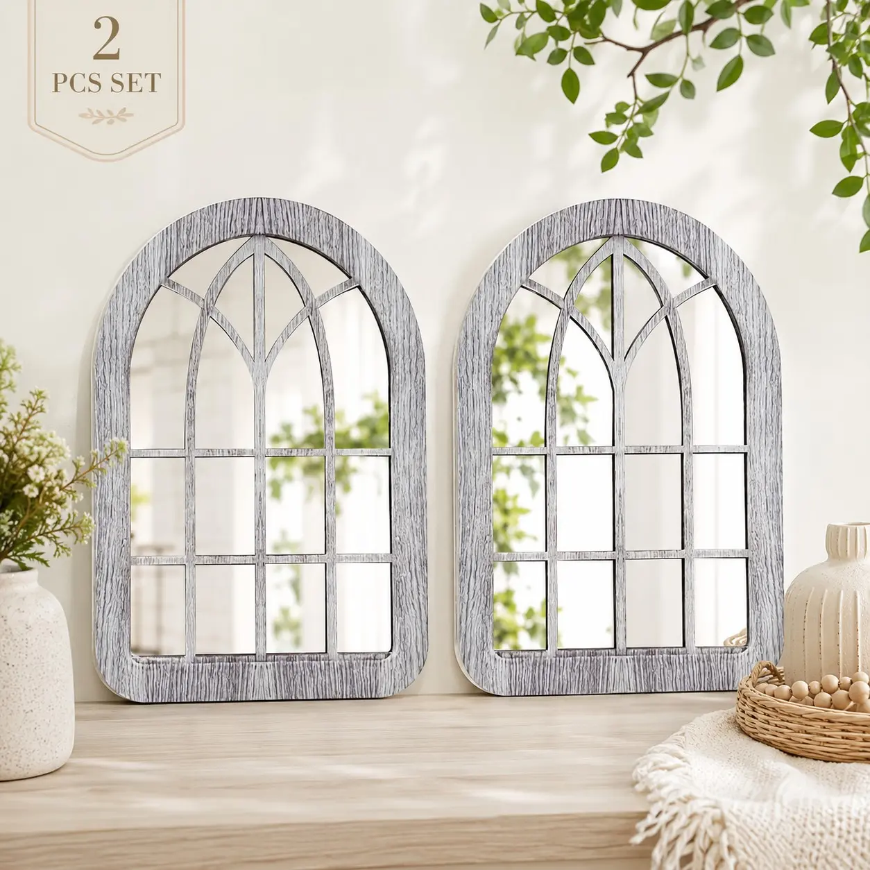 2-Pack Peel-And-Stick Arched Window Mirror Wall Decor, Farmhouse Style Acrylic Mirror, Modern Vintage Frame, Easy Install, Bedroom Bathroom Vanity