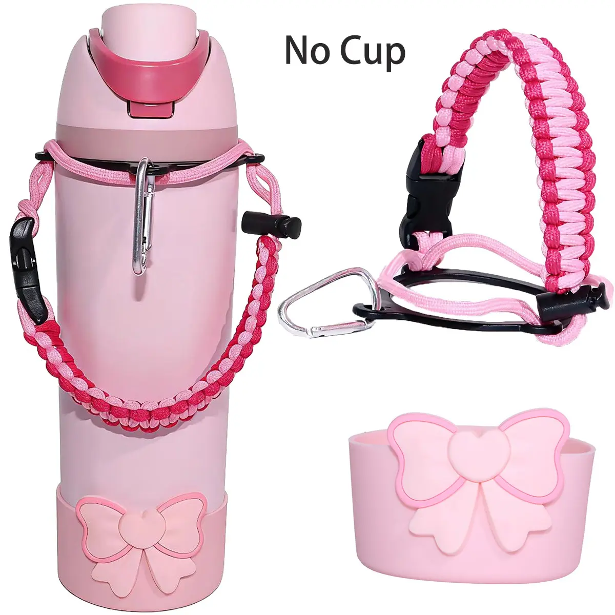 Tumbler Accessories Set for 16oz 19oz Cups, Cute Silicone Bow, Durable Nylon Paracord Strap for Carrying, Anti-Slip Grip Scratch Protection, Gift for Her, Drinkware