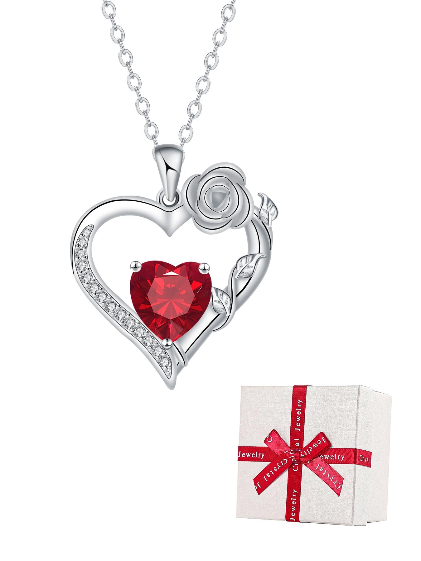 Rose Flower Heart Pendant Necklace With Rose Jewelry Gift Box, Love Heart Necklace, Anniversary Birthday Gifts for Women Mom Wife Her, Mother's Day Jewelry Gift for Mom