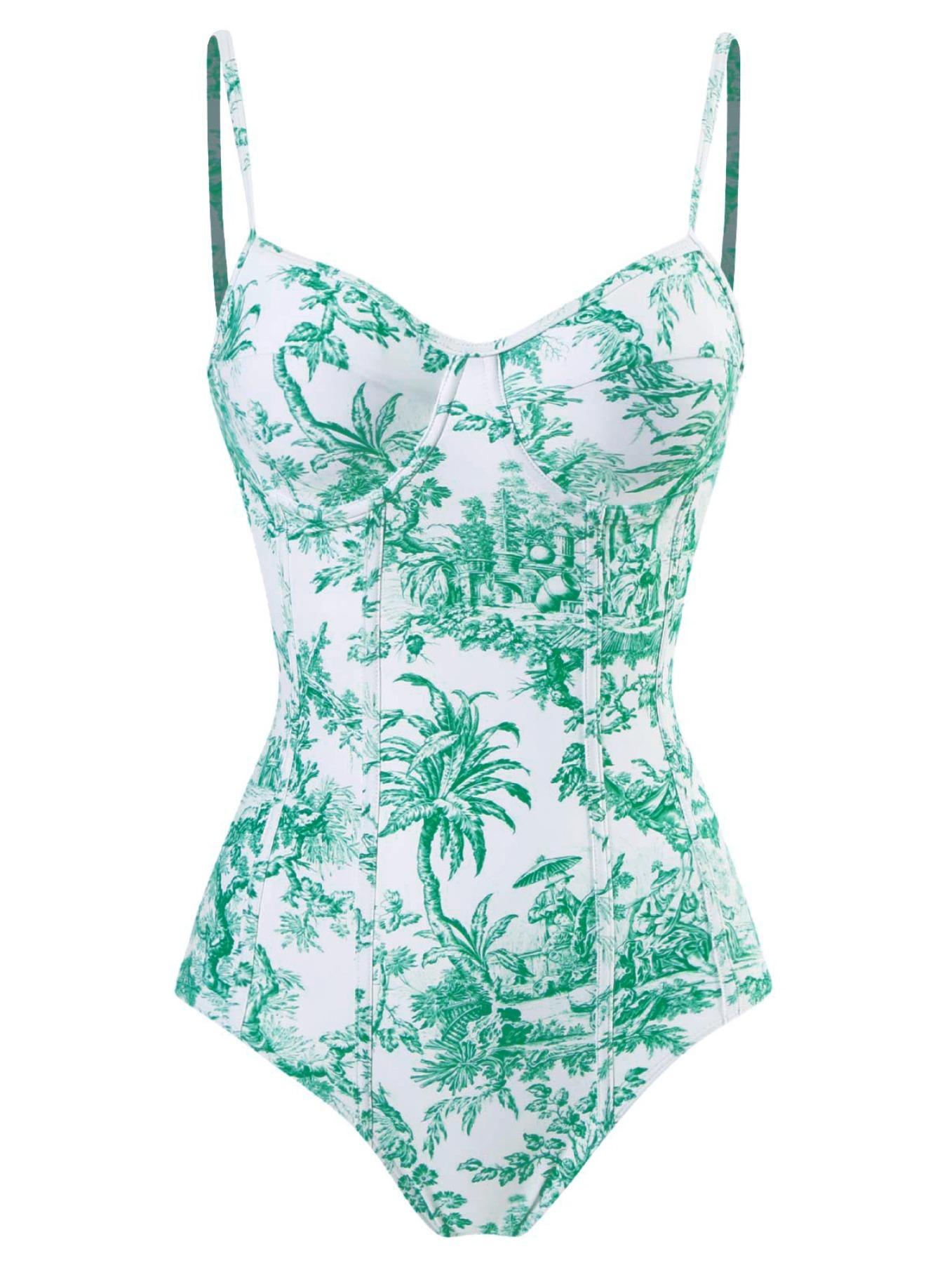 Women's Plants Print Cami Bodysuit & Contrast Mesh Skirt Set, Summer Clothes Women Elegant Spaghetti Backless Camisole & High Waist Knot Detail Skirt, Valentine's Day Gift