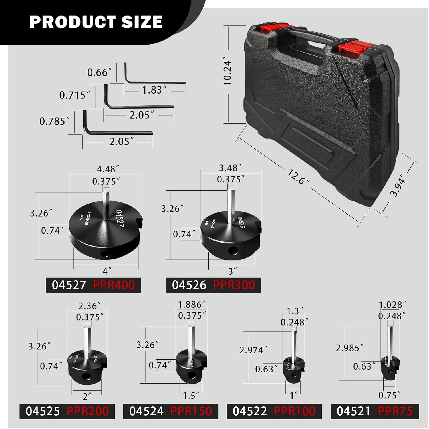 04529 for PPRK6 Plastic Pipe Fitting Reamer,PVC Pipe Reamer Kit Contains 3/4",1",1-1/2",2",3",4"  . PVC Socket Saver Fit into Standard 1/2" Drill for CPVC, PPR or ABS
