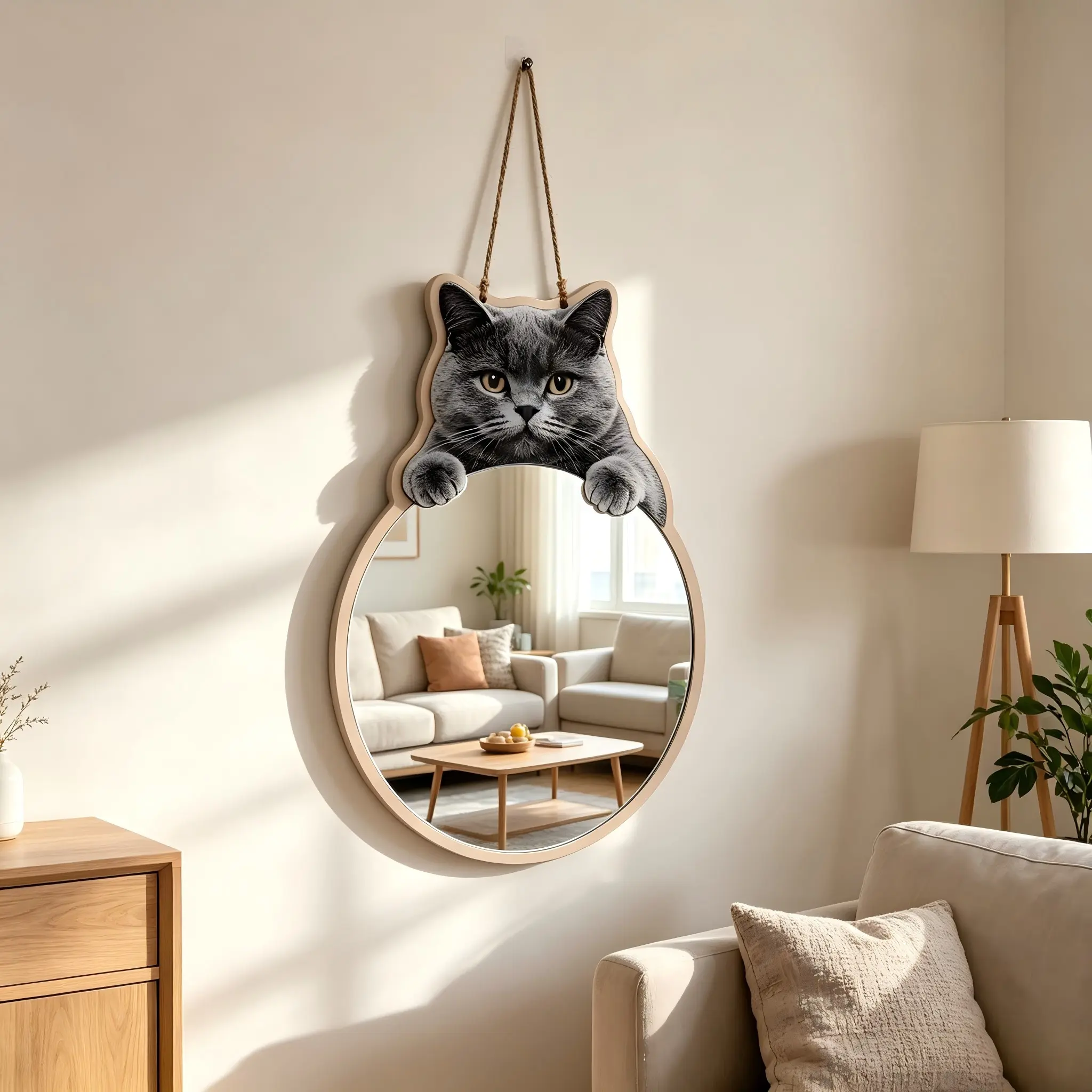 1Pc Cute Cartoon British Shorthair Cat Multi-layer Wood Hanging Wall Mirror, Animal Shaped Decor Vanity Mirror, Creative Wall Decor Mirror for Bedroom Entryway