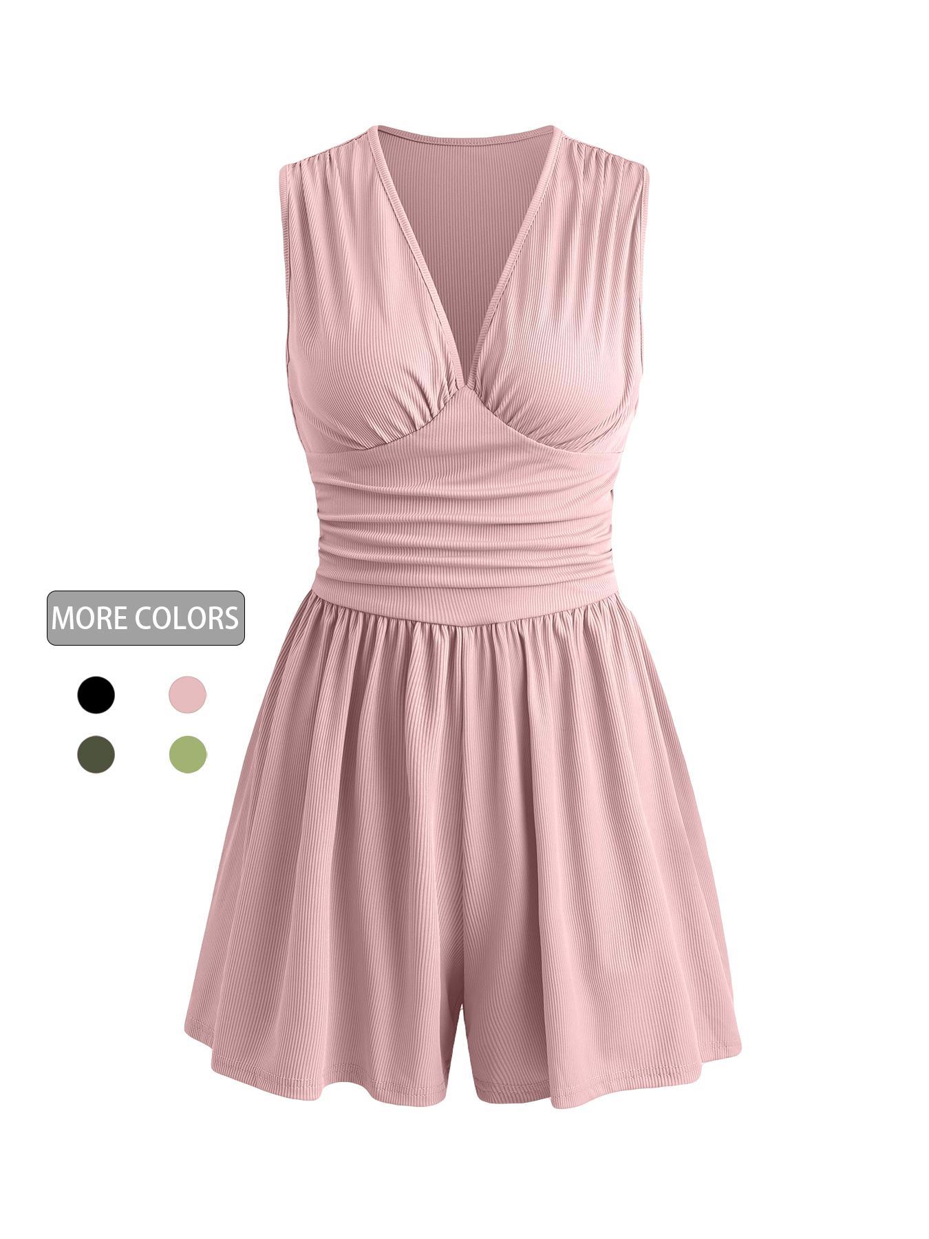 Women's Plain Ruched Deep V Neck Tank Romper, Elegant Sleeveless Romper For Summer, Fashion Casual Ladies Clothes For Daily Wear
