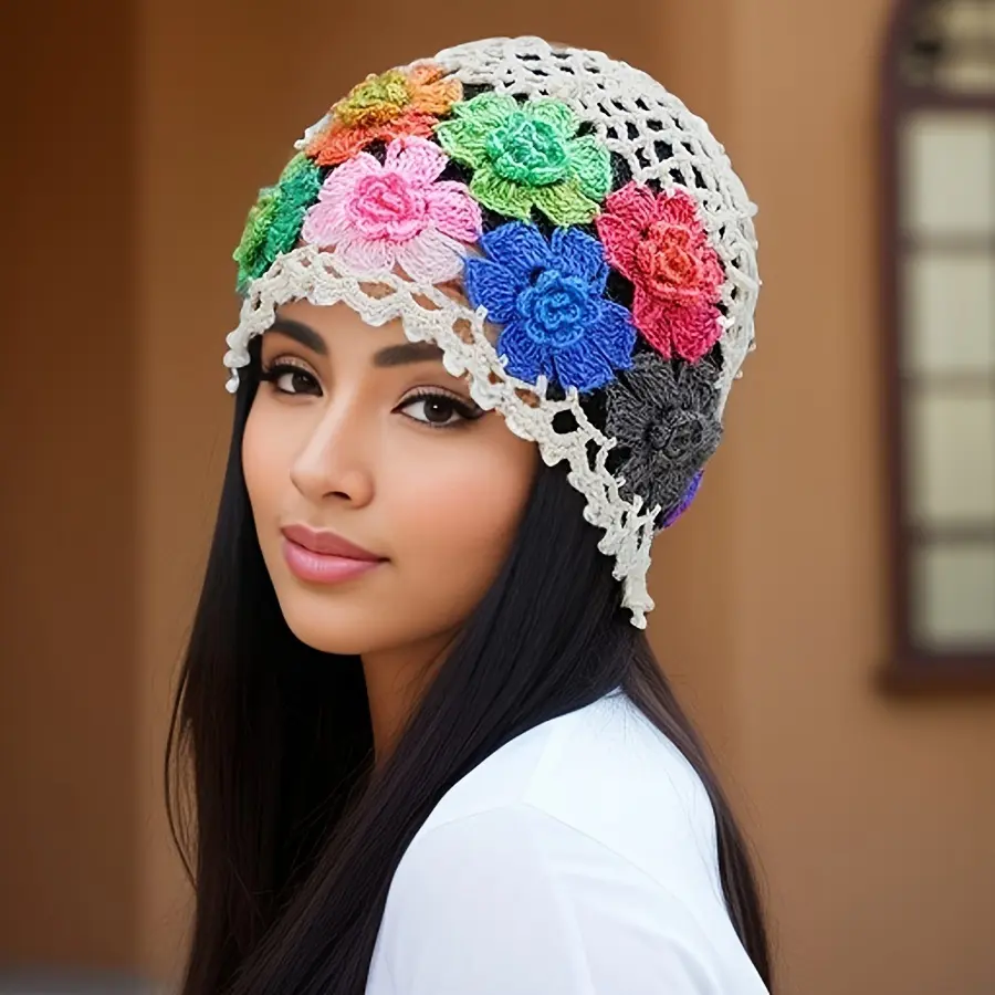 New Spring/Summer Handmade Crocheted Knitted Cap with Hollowed-out Design, Multi-colored Ethnic Style, Bohemian Artistic Style, Colorful Floral Hollowed-out Headband, Knitted Wool Cap, Squirrel Cap