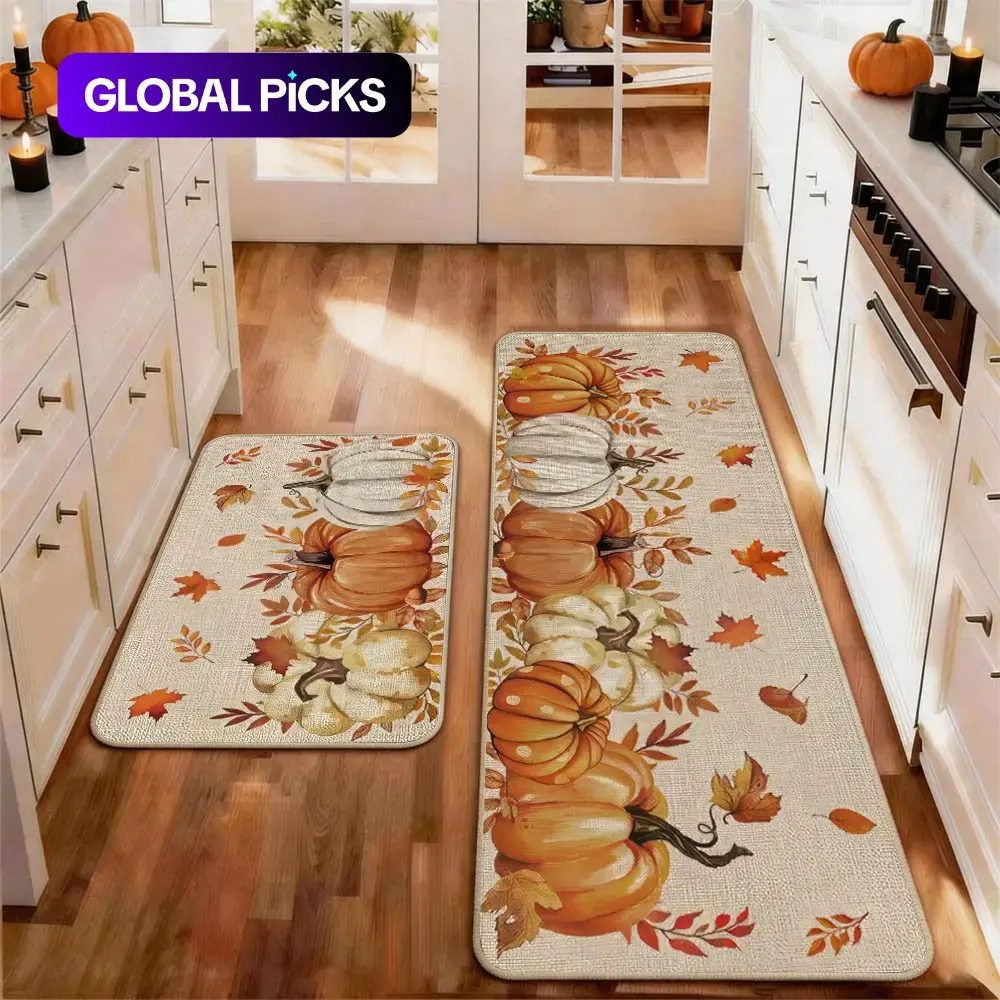 2Pcs Thanksgiving Fall Kitchen Rug Set with Pumpkin & Maple Leaves Pattern, Non-Slip Soft Low-Profile Floor Mat, Farmhouse Rug for Dining Room, Laundry Room & Home Decor