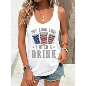 Women's Patriotic Humor "Looks Like I Need Some Beer" Tank Top - American Flag, Beer Cup, And Stars Print, Lightweight Sleeveless Round-Neck Summer Top, Casual Outing & BBQ Outfit, Non-Transparent Fabric,  Party Wear 2026 Summer Tops