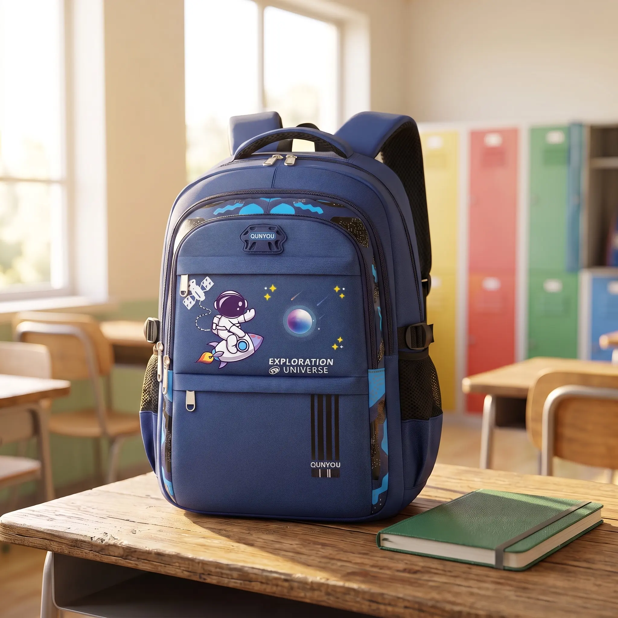 Unisex Astronaut Student Backpack for Grades 1-6, Chic Plain Casual Canvas Bag with Large Capacity, Lightweight, Spine-Protecting, Wear-Resistant, Breathable, Waterproof, Adjustable Padded Shoulder Straps, Shockproof Everyday Essential