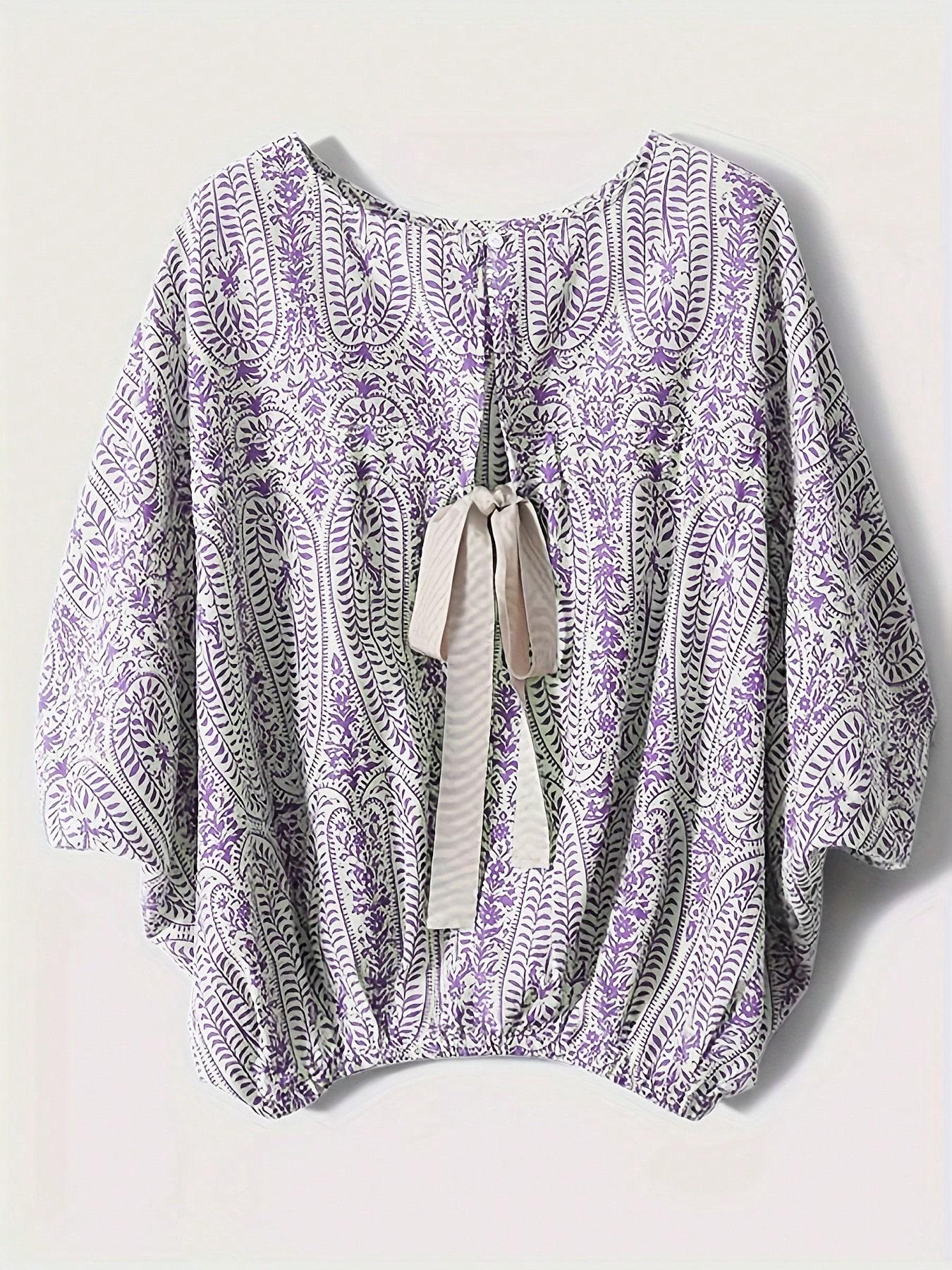 Elegant paisley print short-sleeve shirt, lantern sleeve round neck design - loose fit, polyester material, women's floral pattern, suitable for spring and summer outings and outdoor wear|     Lantern sleeve shirt|     Printed shirt, women's vacation shir