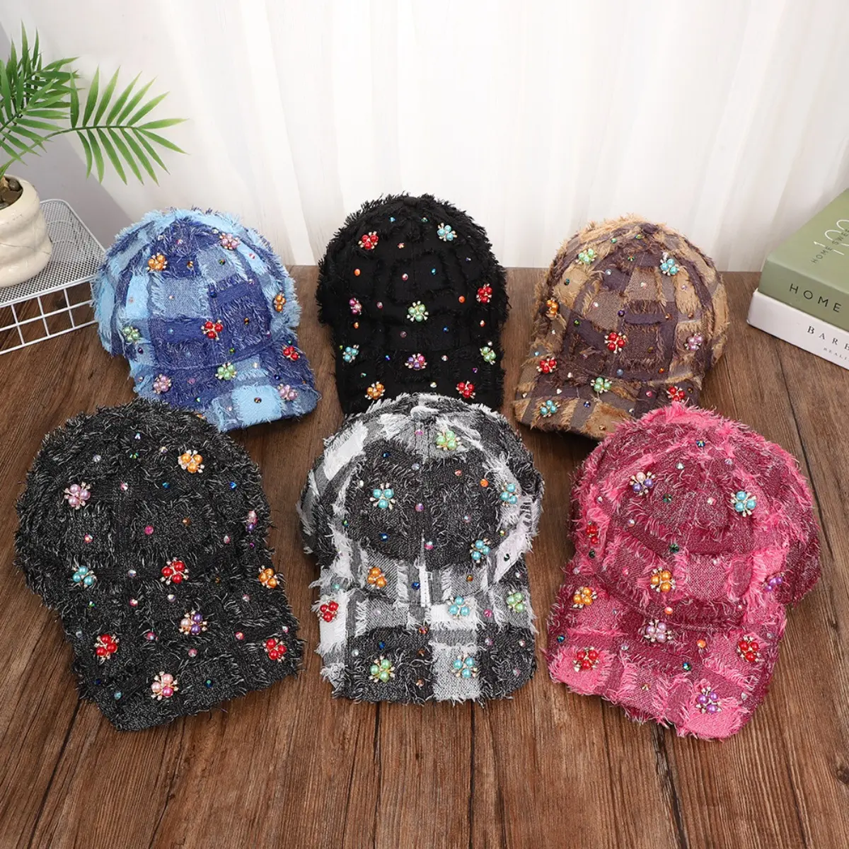 Women's Plaid Design Rhinestone Baseball Hat - Adjustable Sun Protection Bag Accessory with Sparkly Fringe for Casual Ensemble, Casual Outdoor Wear, Hats, Accessories For Women, Rhinestone Trim, Comfortable Fit, Versatile Accessory