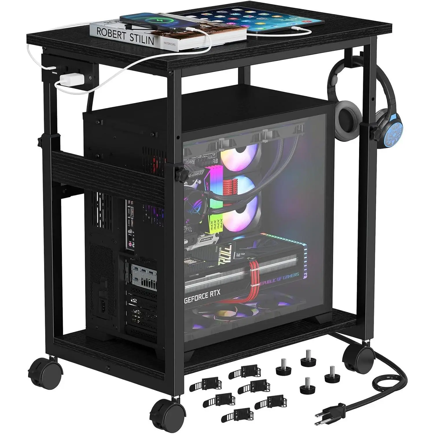 Snughome Extra-Large Computer Tower Stand with Charging Station, Adjustable PC Tower Stand for Floor 25.2"-36.22", Mobile Rolling CPU Holder Cart with Locking Wheels for Gaming Office Home