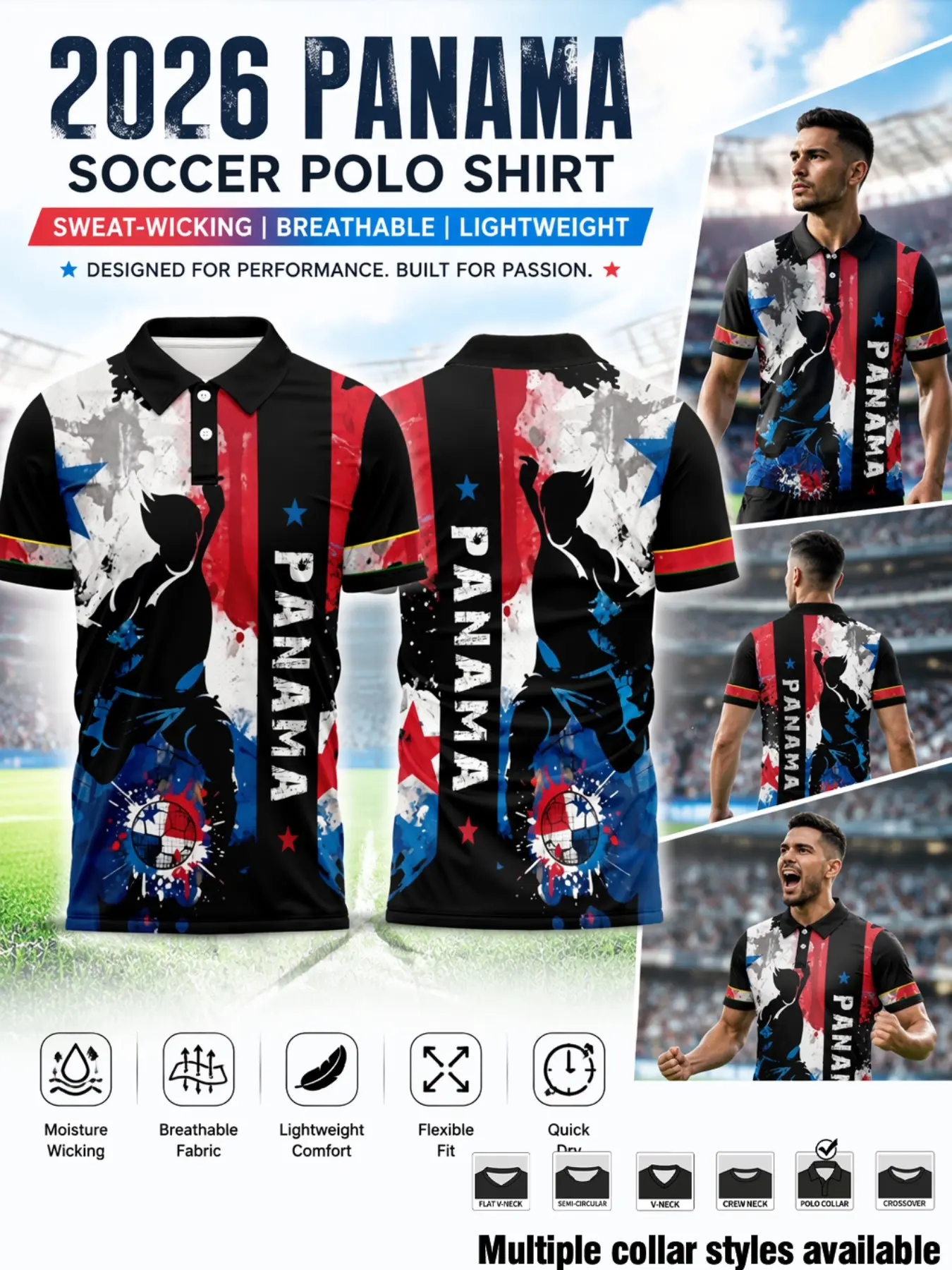2026 Panama Short Sleeve Sport Jersey, Fashion Football Shirt, Dynamic Player Outline, Colorful Star Print, Ideal for Soccer Events
