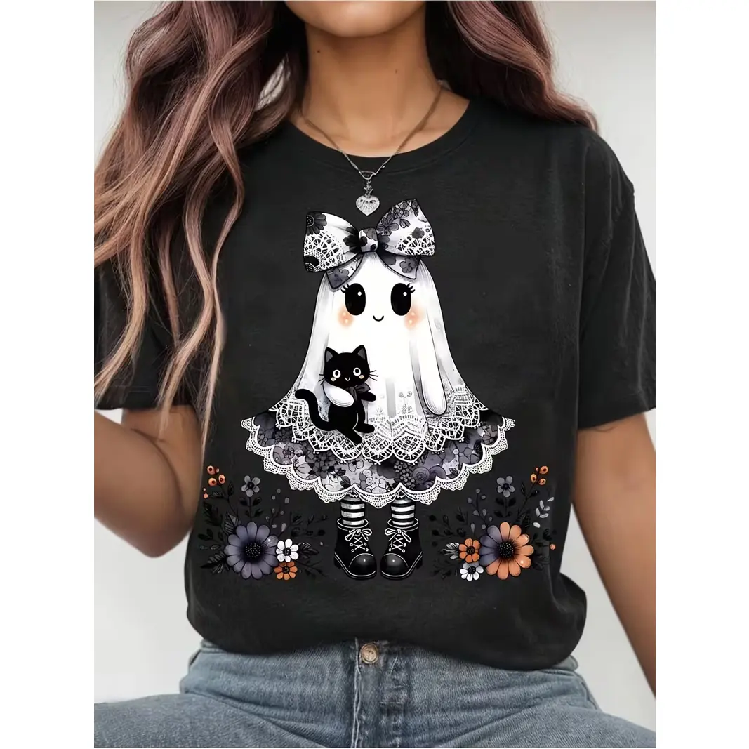 Gothic Lolita Lace Ghost & Black Cat Graphic Tee – Black Tee With Large Cute Ghost Girl In Lace Dress, Black Cat & Floral Bottom Print, Dark Girly Y2K Aesthetic, 100% Cotton, Ideal Gift For Goth Girls & Cat Lovers, Best Halloween, Harajuku & Alternative S