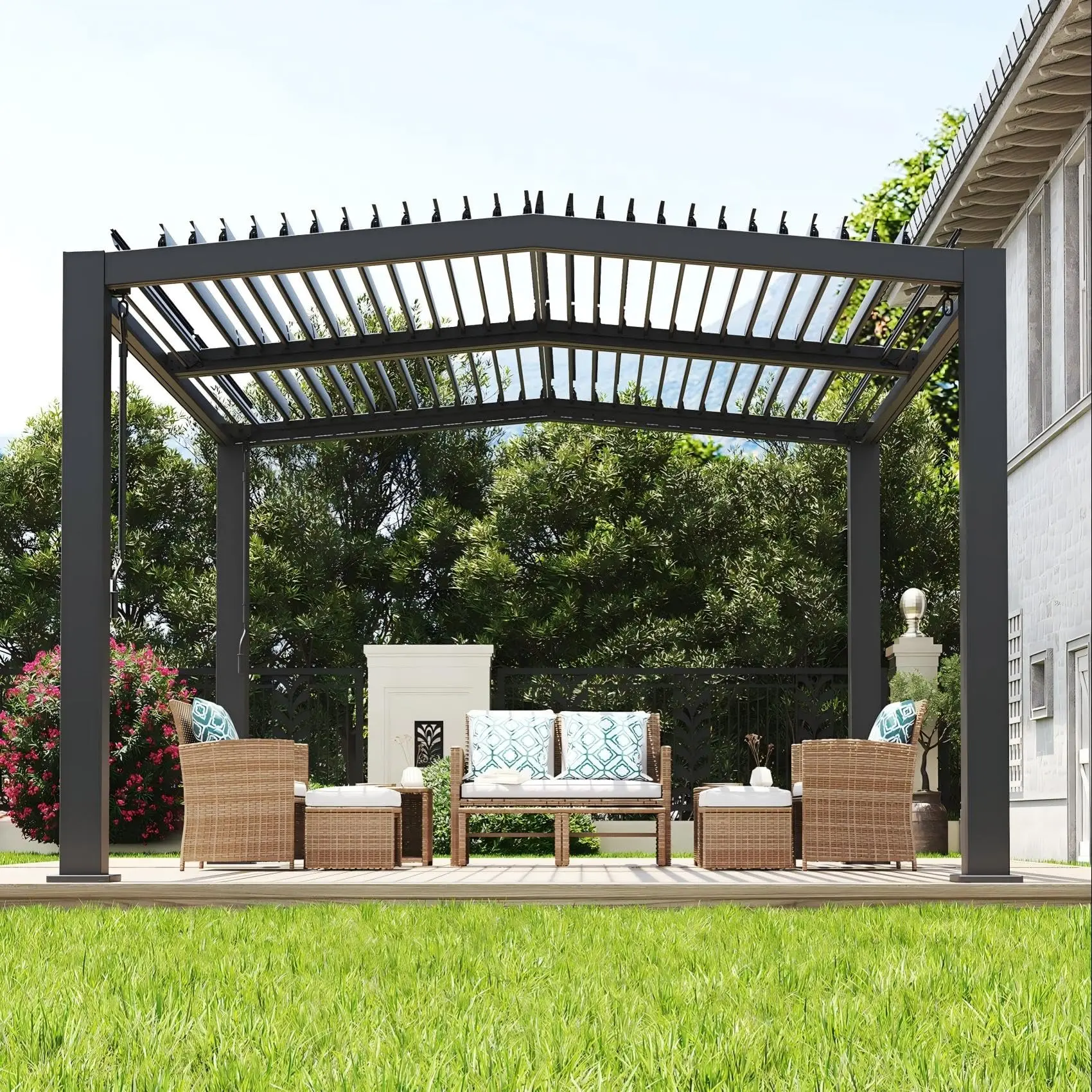 Heavy Duty Aluminum Louvered Pergola with 0-90° Adjustable Roof, 72 MPH Wind Resistant All-Weather Pergola with Hidden Drainage