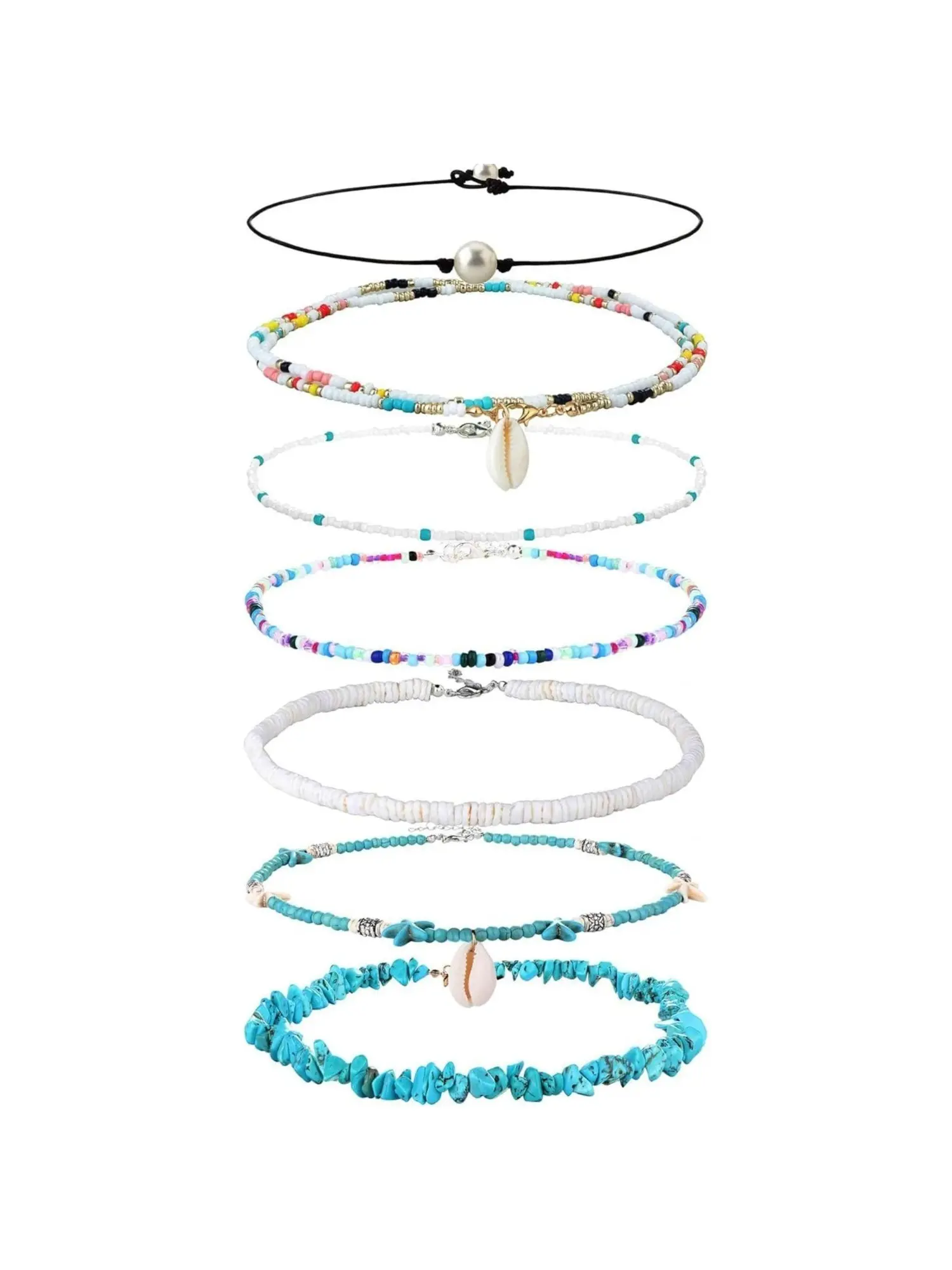 7 Pcs Summer Boho Stackable Choker Necklaces Multilayer Beach Necklaces Faux Pearl Wax Rope Choker Rainbow Seed Bead Chains Shell Pendant Necklaces White Shell Disc Necklaces Turquoise Beaded Necklaces Fresh Seaside Bohemian Style Ideal Holiday Jewelry
