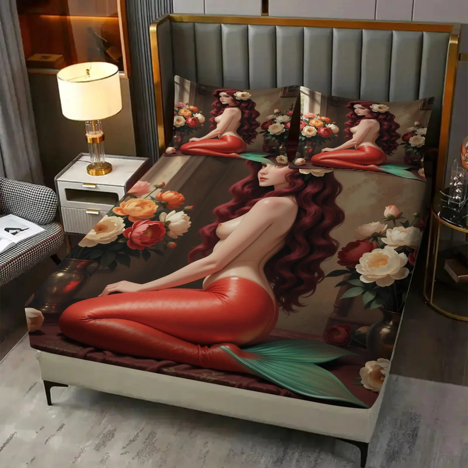 3PcsCartoon Ocean Mermaid Illustration Fitted Sheet Set, Machine Washable Skin-Friendly Fabric, Mattress Protection Design, Ideal for Homestay, Bedroom & Dorm Decor, All Season Bedding (Pillows Not Included)