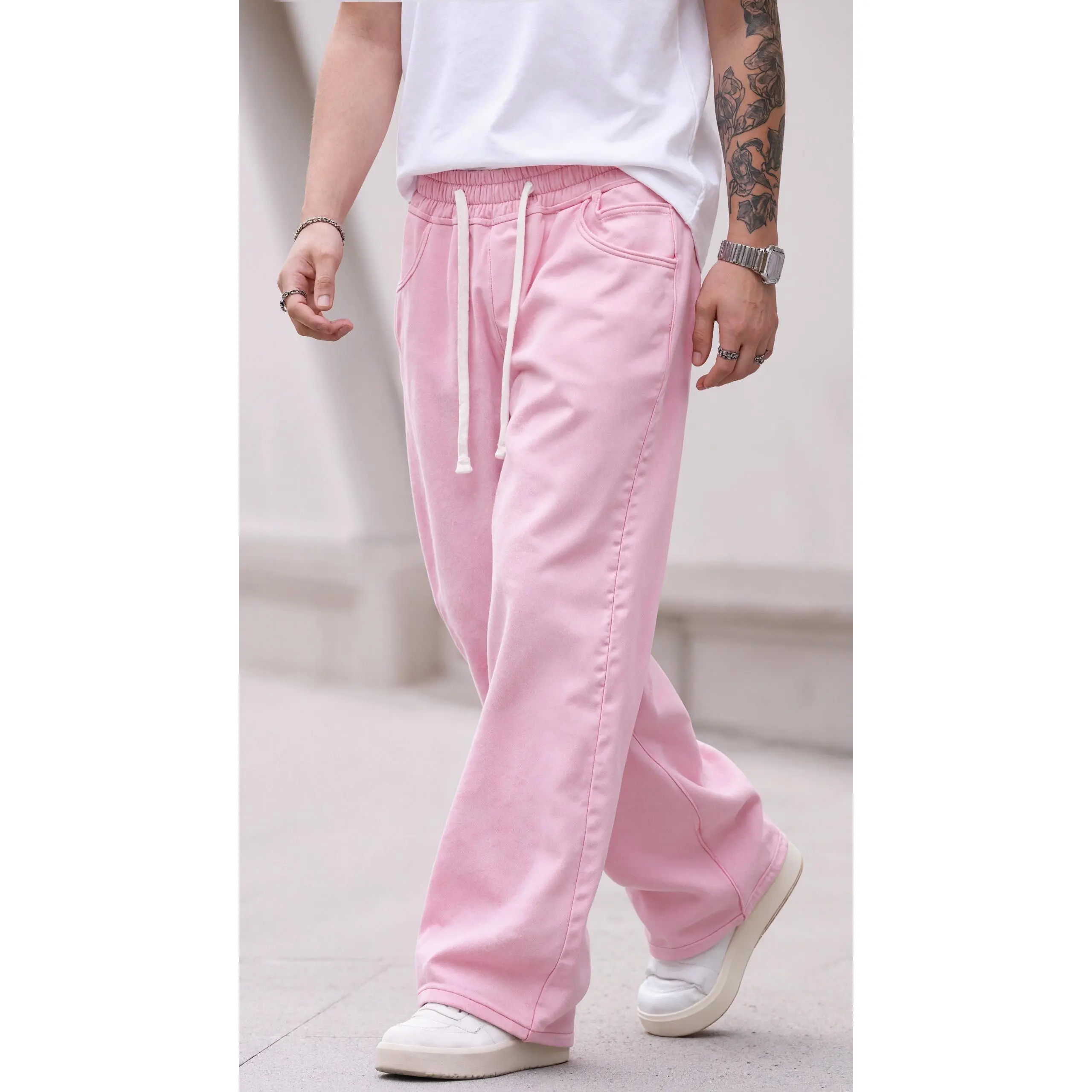 Men's Pastel Pink Baggy Jeans,Wide Leg Denim Trousers,Y2K Streetwear Drawstring Pants,Loose Fit Casual Pastel Denim
