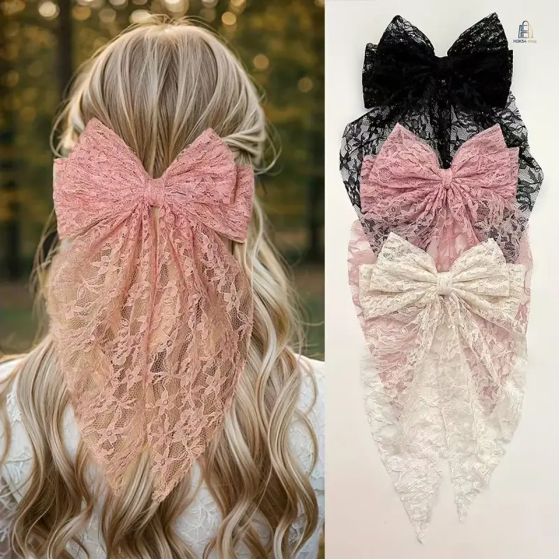 Hollow Lace Double Layer Bow Spring Hair Clip With Long Streamers, Back Head Updo Hair Barrette, Versatile Hair Accessory for Daily Outfits and Party Styling