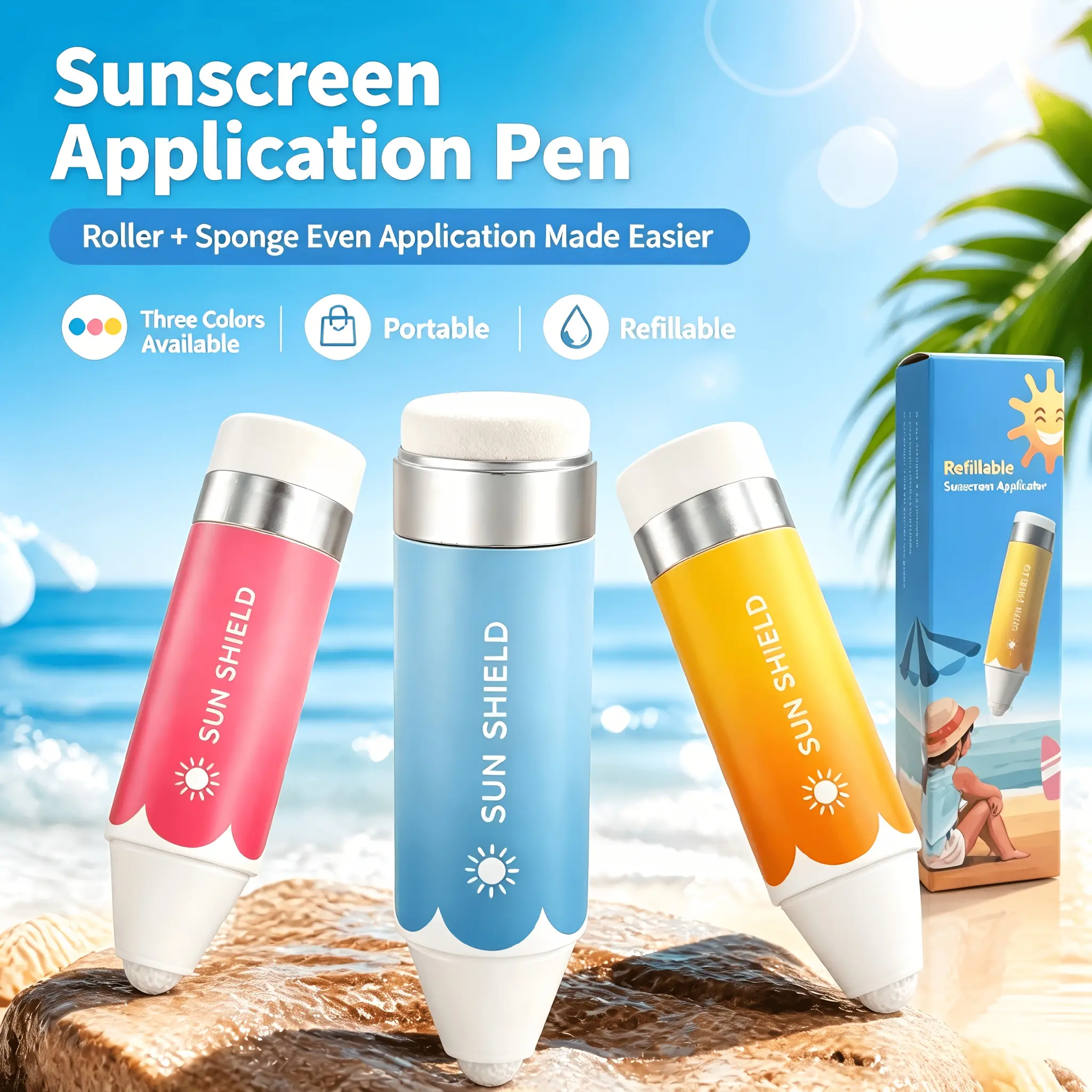 Portable Sunscreen Roller Applicator, Refillable Dual Head Sun Cream Dispenser with Soft Sponge, No Mess Easy Touch Up Lotion Applicator for Kids & Adults, Beach Pool Travel Outdoor sohochic