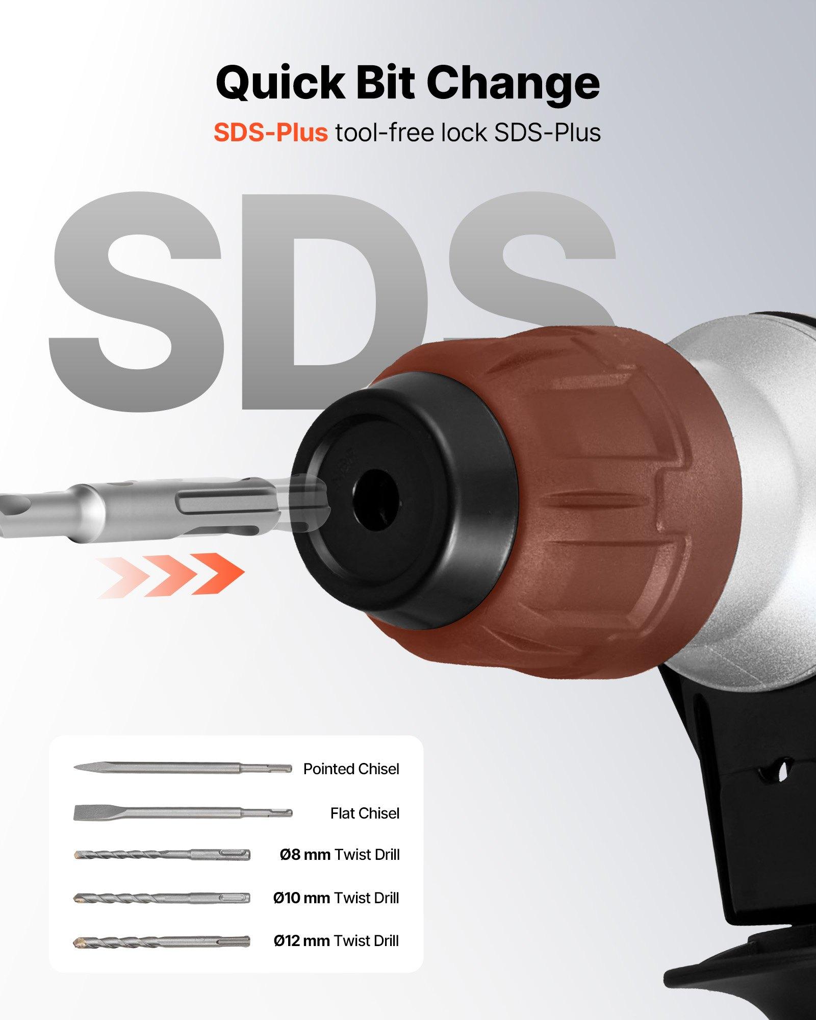 VEVOR Rotary Hammer Drill, 1-1/8 in SDS-Plus Electric Corded Heavy Duty Rotary Hammer, Including 3 Drill Bits, Flat Chisel, Pointed Chisel, Grease, Brush, and Carrying Case, for Concrete and Masonry VEVOR Rotary Hammer Drill, 1-1/8 in SDS-Plus Electric Corded Heavy Duty Rotary Hammer, Including 3 Drill Bits, Flat Chisel, Pointed Chisel, Grease, Brush, and Carrying Case, for Concrete and Masonry