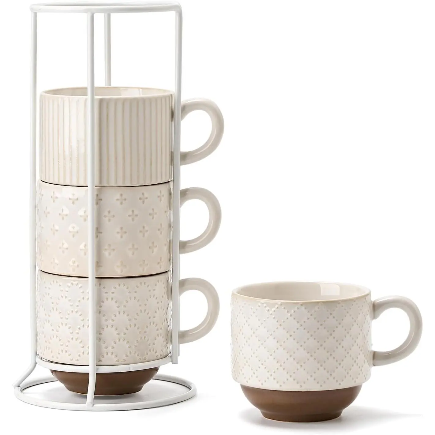 Large Ceramic Coffee Mug Set of 4 with Stand, 15 Oz Stackable Different Embossment Ribbed Latte Cup Set for Cappuccino, Tea, Hot Cocoa, Drinks - Dishwasher & Microwave Safe, Aged Ivory