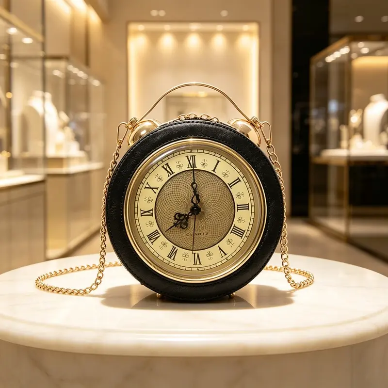 Retro alarm clock shaped women's crossbody bag, unique circular design chain shoulder bag, Gothic retro mini round handbag, novel and fashionable evening handbag, suitable for party street wear