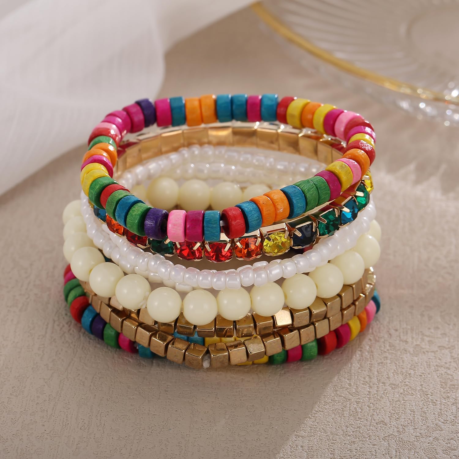 Bohemian Beads Cube Multi Strand Stretch Stackable Bangle Bracelet Set (bl003172)
